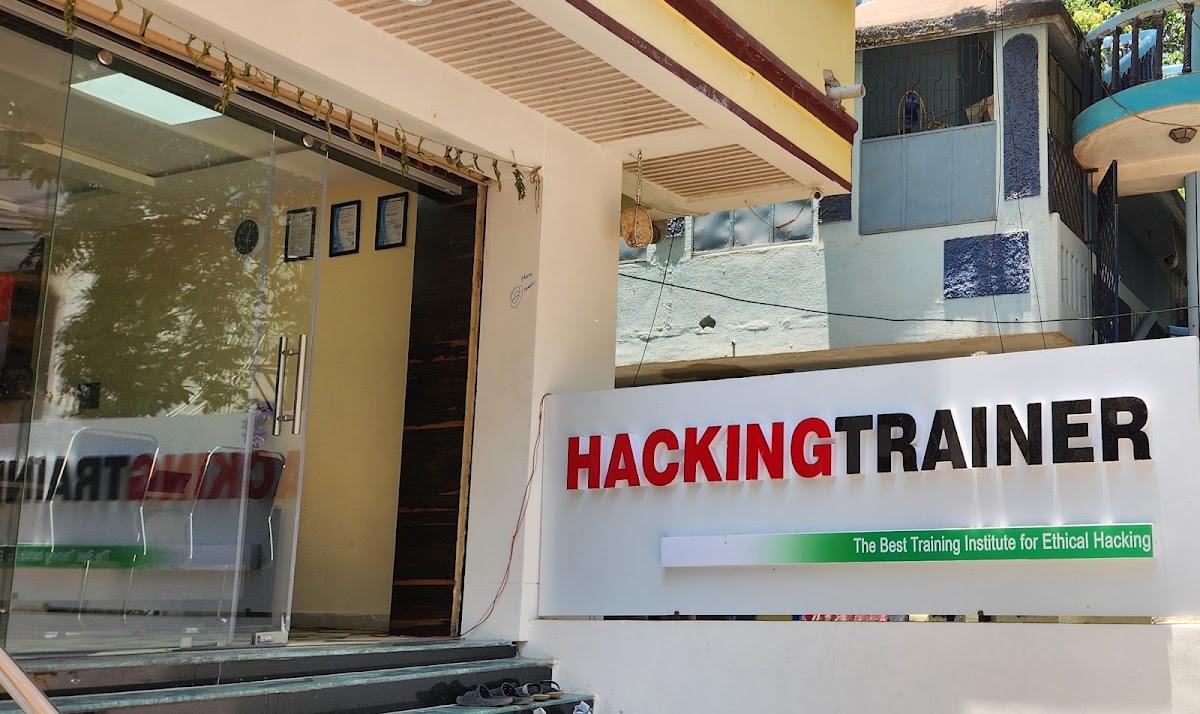 The Hacking Trainer entrance and signboard on Kallu Compound Road, Ameerpet