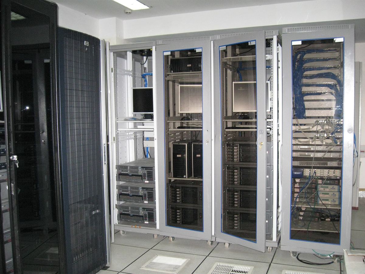 Server racks with glass doors in a server room